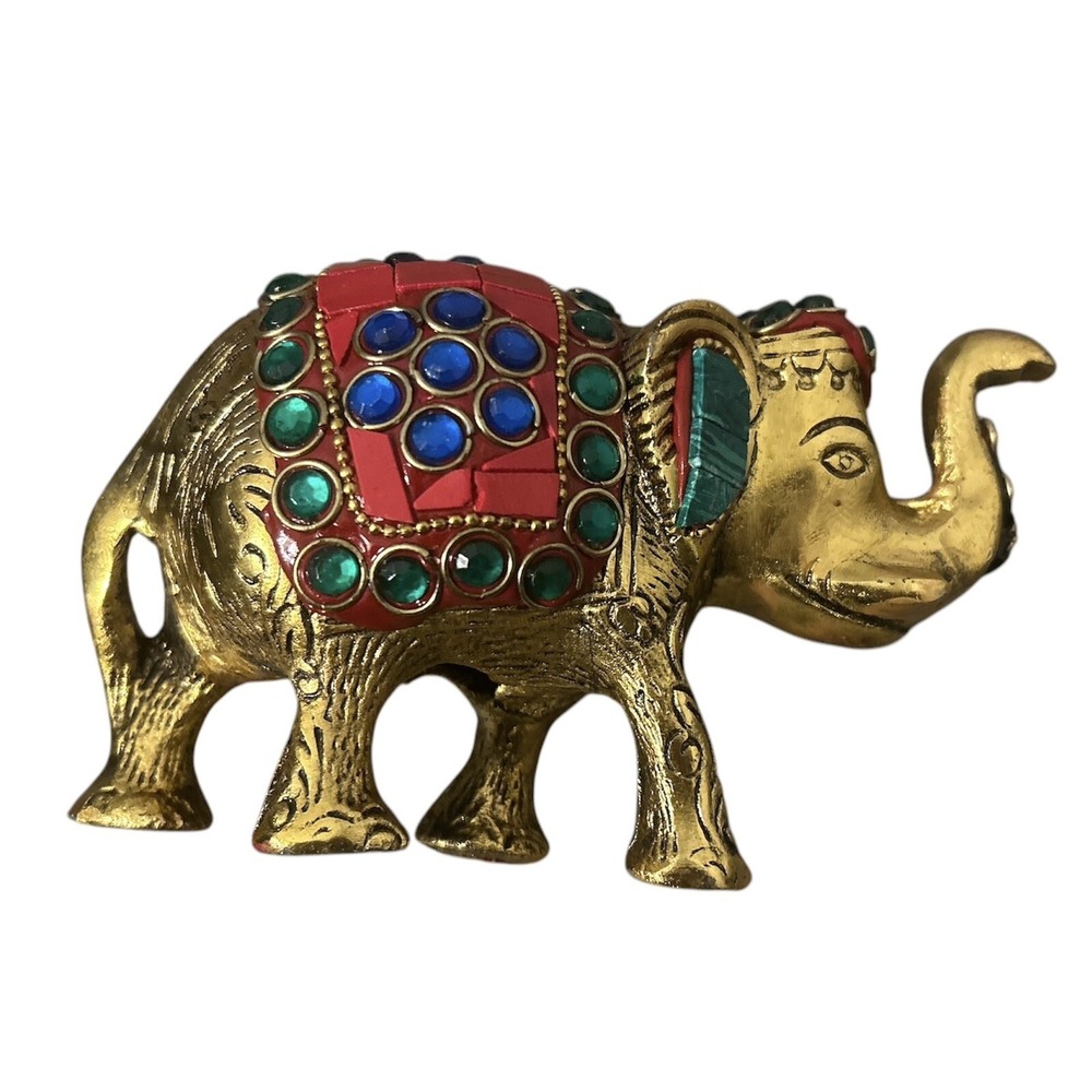 Brass Elephant Figurine Gemstone Inlay Showpiece Indian Decor